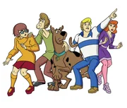 Die dänische Dogge Scooby-Doo und die vier jungen Detektive von Mystery Inc. (v.li.: Velma, Neville, Fred und Daphne) machen unerschrocken Jagd auf Verbrecher und lösen jeden noch so mysteriösen Fall.