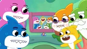 Mommy Shark (oben, l.), Daddy Shark (unten, l.), Grandma Shark (3.v.r.), Baby Shark (2.v.r.), Grandpa Shark (r.).