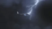 While navigating through a powerful storm, LoganAir Flight BE-6780 gets hit by lightning on the nose of the aircraft. (CGI)