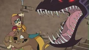 (V.li.) Velma, Shaggy und Scooby-Doo besuchen einen Jahrmarkt mit Ritterspielen. Plötzlich taucht ein Drache auf, der dem Vergnügen ein jähes Ende bereitet.