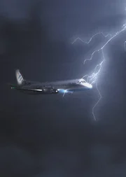While navigating through a powerful storm, LoganAir Flight BE-6780 gets hit by lightning on the nose of the aircraft. (CGI)