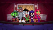 v.li.: Beast Boy, Cyborg, Robin, Raven, Starfire
