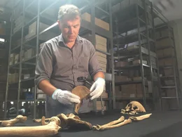 "ZDF-History" auf der Suche nach Untoten: Arch&auml;ologe Daniel N&ouml;sler untersucht ein Skelett aus dem Mittelalter, das Hinweise auf alte Rituale zur Abwehr von Untoten aufweist.