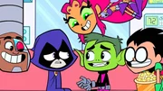 L-R: Cyborg, Raven, Starfire, Beast Boy, Robin