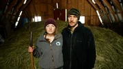 Aubrey Barton and Pete Metz with pitchfork (posing). Aubrey Barton and Pete Metz with pitchfork (posing).