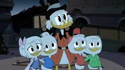L-R: Webby Vanderquack, Dewey Duck, Scrooge McDuck, Huey Duck, Louie Duck
