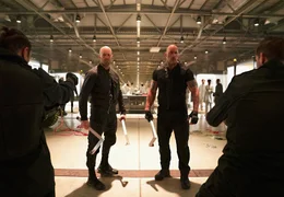 l-r:Deckard Shaw (Jason Statham), Luke Hobbs (Dwayne 'The Rock' Johnson).