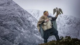 Ein Reanactor-Wikinger und ein Gerfalke (Gyrfalcon) in der verschneiten Landschaft des Alladale Naturschutzgebiet in Schottland.