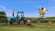 Die Schafe feiern den Geburtstag des Farmers und kosten von seiner Torte.