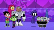 v.li.: Robin, Starfire, Beast Boy, Cyborg, Raven, Russ, Lyle, Suge