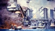 Ein Motorboot mit Matrosen kurz nach dem japanischen Luftangriff 1941 auf Pearl Harbor &ndash; vor der sinkenden "USS West Virginia" im Hafen.