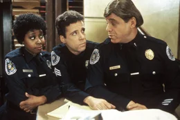 L-R:  Laverne Hooks (Marion Ramsey), Sgt. Proctor (Lance Kinsey), Lieutenant Mauser (Art Metrano)