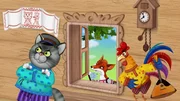 Die Füchsin redet durchs Fenster mit dem Kater und dem Gockel. Die Füchsin redet durchs Fenster mit dem Kater und dem Gockel.
