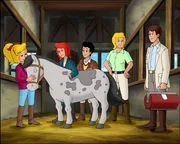 Snoopy, das Zirkuspony, findet auf dem Martinshof ein neues Zuhause und liebevolle Fürsorge durch Bibi (l.), Tina (2.v.l.), Alexander (M.), Frau Martin (2.v.r.) und Dr. Eichhorn (r.).