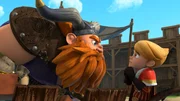 Wikingerchef Harald (l.) hat Prinz John (r.) im Verdacht, hinter der Stimme im Baumstumpf zu stecken.