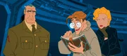 Milo (Mi.) wird von Expeditionsführer Rourke (li.) und seiner Assistentin für die Beschaffung der geheimnisvollen Energiequelle von Atlantis in Beschlag genommen.