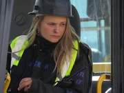 Monica Beets in the cab. Mega Barge assembly.