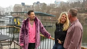 From left to right: Host David Bromstad, Lori Blaser, Michael Blaser talk on the dock of House 2, Turkey Quarry, HERO, as seen on My Lottery Dream Home, Season 17.