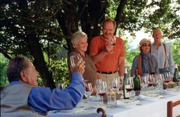 "Vino Santo - Es lebe die Liebe, es lebe der Wein", Gioia Altenburger soll als Steuerberaterin in die Kanzlei ihres Vaters Georg eintreten und den Sohn des Notars Dr. Winkler heiraten. Doch Gioia verliebt sich in einen Fremden namens Max und verbringt eine Nacht mit ihm. Als sie aber vor der Entscheidung steht, mit ihm gemeinsam Wien zu verlassen, ist sie zu feige - die Pflicht geht vor. Gioias Mutter Serafina, die seit Jahren getrennt von Georg im fernen Italien lebt, betreibt dort das famili&auml;re Weingut. Weil Nonno, der Gro&szlig;vater Gioias, zu seinem 80. Geburtstag noch einmal ein gro&szlig;es Familienfest feiern m&ouml;chte, f&auml;hrt die Familie nach Italien. Dort trifft Gioia ihren Max wieder.Im Bild (v.li.): Raf Vallone, Alida Valli, Friedrich von Thun, Susanne von Almassy,  Karl Sch&ouml;nb&ouml;ck.  SENDUNG: ORF3 - SA - 07.11.2020 - 11:05 UHR. - Veroeffentlichung fuer Pressezwecke honorarfrei ausschliesslich im Zusammenhang mit oben genannter Sendung oder Veranstaltung des ORF bei Urhebernennung.