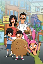 (6. Staffel) - Bob's Burgers: Linda (hinten l.), Bob (hinten r.), Tina (vorne l.), Gene (vorne M.) und Louise (vorne r.) ...