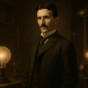 Ein realistisches Porträt von Nikola Tesla, dem berühmten serbisch-amerikanischen Erfinder und Elektroingenieur, in einer Umgebung des 19. Jahrhunderts. Er ist als großer, schlanker Mann mit scharfen Gesichtszügen, tiefliegenden Augen und einem gepflegten Schnurrbart dargestellt. Er trägt einen formellen Anzug mit hochgeschlossenem Hemd und Krawatte und steht in einem schwach beleuchteten Labor, das mit alten elektrischen Geräten, Spulen und Glühbirnen gefüllt ist. Die Atmosphäre ist dramatisch und historisch, mit warmer Beleuchtung und einem Gefühl von wissenschaftlicher Entdeckung.