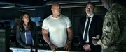 L-R: Dr. Kate Caldwell (Naomie Harris), Davis Okoye (Dwayne 'The Rock' Johnson), Agent Harvey Russell (Jeffrey Dean Morgan), Colonel Blake (Demetrius Grosse).