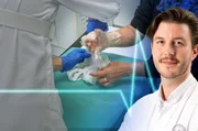 Dr. Patrick Rhodius, hinter ihm eine OP-Szene. (Bildmontage)