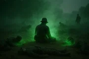 Ein dunkles Schlachtfeld aus der Zeit des Bürgerkriegs wird von einem geheimnisvollen grünen Leuchten erhellt. Das Licht scheint von einer unbekannten Quelle auszugehen und taucht die verwundeten Soldaten am Boden in einen ätherischen Schein. Ihre Gesichter sind durch Schatten, Helme oder abgewandte Positionen verborgen. Die Szene vermittelt ein Gefühl stillen Staunens, als ob das Leuchten eine unerklärliche heilende Kraft besitzt.