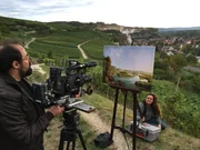 Dreharbeiten f&uuml;r "Terra X": Das Gem&auml;lde "Blick vom Isteiner Klotz" zeigt den Rhein vor seiner Begradigung als wilde Flusslandschaft