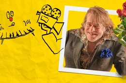 Keyvisual zur Doku "Helge Schneider - The Klimperclown" Helge Schneider - Portraitfoto im wei&szlig;en Rahmen vor gelbem Hintergrund mit Comic-Elementen: eine Hand, die eine Kamera h&auml;lt und ein Klavier mit Augen und Nase.
