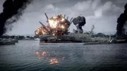 Pearl Harbor, Hawaii, USA: CGI Graphic of a ship exploding after Japanese attack.