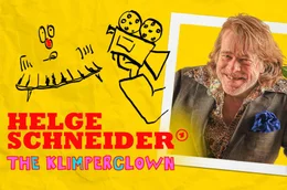 Keyvisual zur Doku "Helge Schneider - The Klimperclown" Helge Schneider - Portraitfoto im wei&szlig;en Rahmen vor gelbem Hintergrund mit Comic-Elementen: eine Hand, die eine Kamera h&auml;lt und ein Klavier mit Augen und Nase.