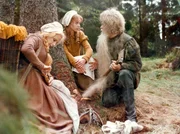 Schneewei&szlig;chen (Julie Juristov&aacute;) und Rosenrot (Katrin Martin) versuchen, einem alten Mann (Hans-Peter Minetti) zu helfen, dessen Bart sich beim Holzf&auml;llen verfangen hat. Sie wissen nicht, dass dies der b&ouml;se Berggeist ist, der die ganze Gegend verunsichert. Weiteres Bildmaterial finden Sie unter www.br-foto.de.