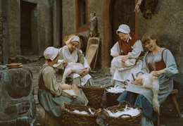 3. Prinzessin Aurinia ist nun eine gew&ouml;hnliche Magd wie die anderen und mu&szlig; die G&auml;nse des K&ouml;nigs h&uuml;ten. (M&auml;gde: Berta - Marylu Poolman, Gudrun - Angelika B&ouml;ttiger, Marie - Anne Kasprzik, Hanne - Sylvia Mi&szlig;bach).