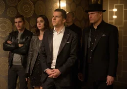 L - R:  Dave Franco (Jack Wilder), Lizzy Caplan (Lula), Jesse Eisenberg (J. Daniel Atlas), Woody Harrelson (Merrit McKinney).