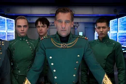 L-R: Sergeant Laureline (Cara Delevingne), Major Valerian (Dane DeHaan), Commander Arun Filitt (Clive Owen), Sergeant Neza (Kris Wu).