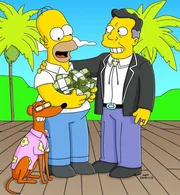 Homer Simpson (M.) winkt viel Geld und Ruhm, denn Knecht Ruprecht (l.) wird von H.K. Duff VII (r.) als neues Maskottchen der Duff-Brauerei auserwählt ...