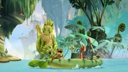 Dank Giganto gibt es wieder Wasser im Dinosaurierland. Bei einem lustigen Floß-Wettrennen bedanken sich die vier kleinen Dinosaurier bei ihrem Idol.