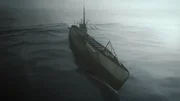 German U-Boat, UC66 cruising at sea level over the waves of the ocean beneath.