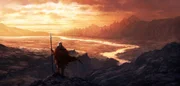 Ein einzelner Krieger steht auf einer felsigen Klippe und blickt &uuml;ber eine weite, feurige Landschaft, w&auml;hrend die Sonne hinter zerkl&uuml;fteten Bergen untergeht.