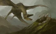 Ein gewaltiger Drache st&uuml;rzt sich &uuml;ber einen felsigen Hang, das Maul weit ge&ouml;ffnet, w&auml;hrend eine Herde Schafe in Panik auseinanderl&auml;uft. Dunkle Wolken und zerkl&uuml;ftete Berge bilden die Kulisse und verst&auml;rken das Gef&uuml;hl drohender Gefahr.