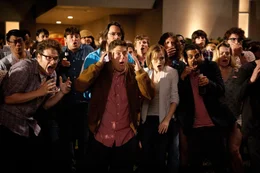 L-r front, Seth Rogen, Jonah Hill, Emma Watson and Aziz Ansari star in Columbia Pictures' "This Is The End," also starring James Franco, Jay Baruchel, Danny McBride and Criag Robinson.