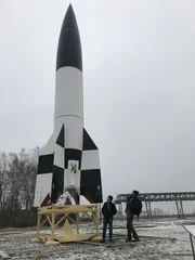 Peenemünde, Germany - Marty Morgan and Pete Kelsey marvel at a V2 replica rocket, Peenemünde. Peenemünde, Germany - Marty Morgan and Pete Kelsey marvel at a V2 replica rocket, Peenemünde.
