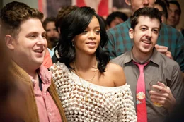 L - R: Jonah Hill, Rihanna, Christopher Mintz-Plasse
