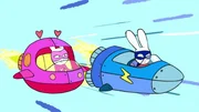 In ihren tollen Raumschiffen treten Super-Lou (l.) und Superhase (r.) in einem Wettkampf gegeneinander an. In ihren tollen Raumschiffen treten Super-Lou (l.) und Superhase (r.) in einem Wettkampf gegeneinander an.