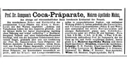 Historisches Inserat für Coca-Präparate (Kokain). Historisches Inserat für Coca-Präparate (Kokain).