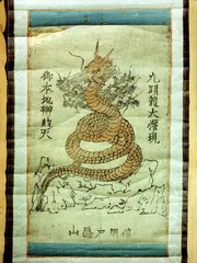 Buddhist picture of a dragon; It has been mounted on paper with mica ornaments and hand-coloured in vermilion red. In Japanese mythology the dragon (ryujin) is associated with the watery realm. Country of Origin: Japan. Culture: Japanese. Place of Origin: Shuin Monastery, Shinano Province. Material/Size: 33 x 21 cm / JHloucha Collection, Prague.