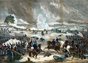 528329 American Civil War 1861-1865: Battle of Gettysburg 1-3 July 1863, ending Lee's invasion of the North. Union infantry advancing from the right. Print of 1867. Fighting Action Soldier Flag Weapon Rifle Bayonet Field Gun Fire Smoke; Universal History Archive/UIG.  American Civil War 1861-1865: Battle of Gettysburg 1-3 July 1863, ending Lee's invasion of the North. Union infantry advancing from the right. Print of 1867. Fighting Action Soldier Flag Weapon Rifle Bayonet Field Gun Fire Smoke