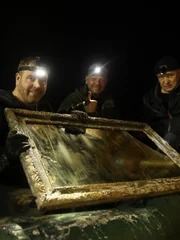L-R: Josh Gates und die Ermittler Pawel Piatkiewicz und Robert Kubiszekski entdecken in dem Nazitunnel einen verfallenen Bilderrahmen aus Holz und Glas.