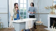 Ian Figueira and Daphne Reckert reveal the renovated bathroom in Chateau de Lesigny, in Lesigny, France, as seen on Castle Impossible, Season 1.